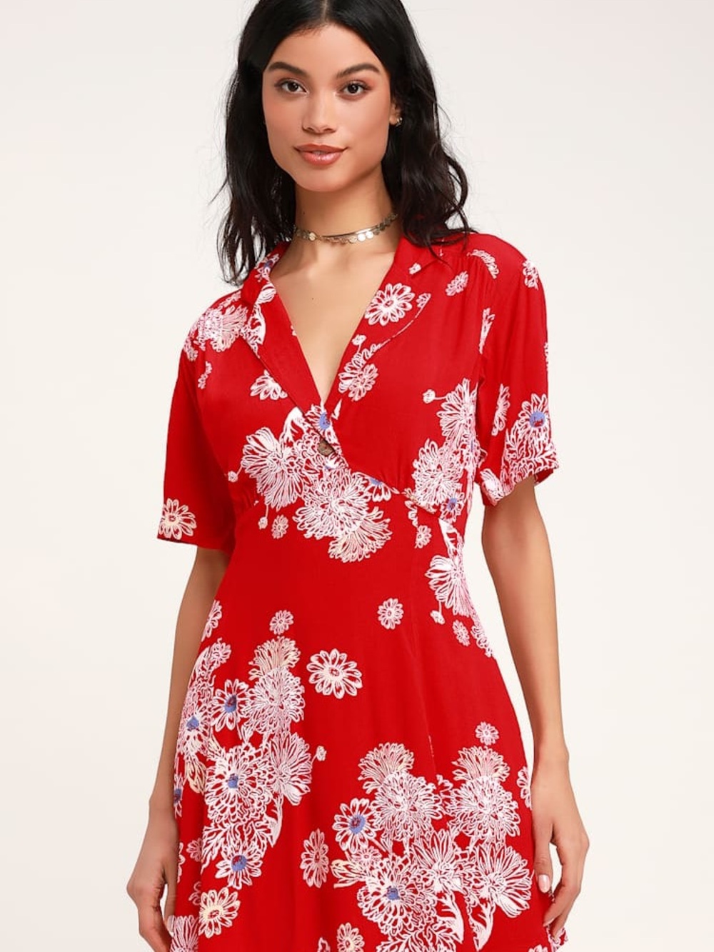 Blue Hawaii Red Floral Print Short Sleeve Mini Dress Free People